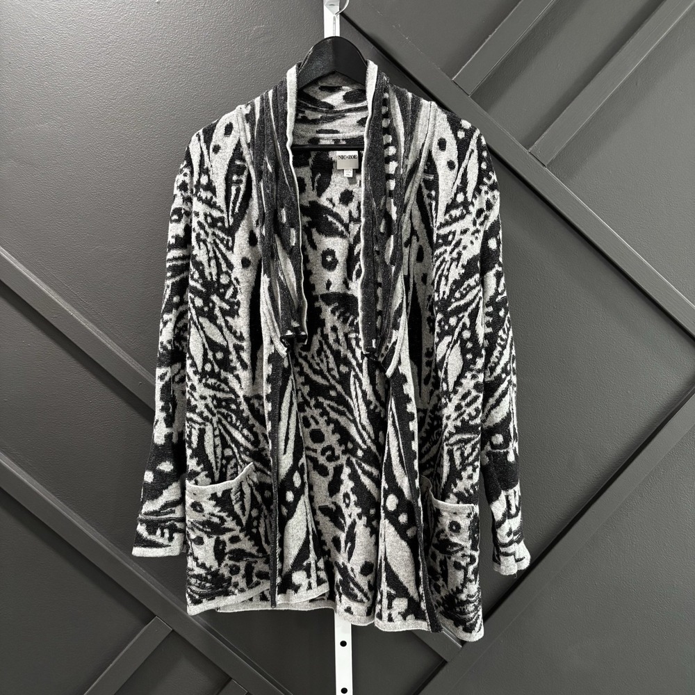 Nic+Zoe Women's Size XL Black White Abstract Print Open Front Cardigan